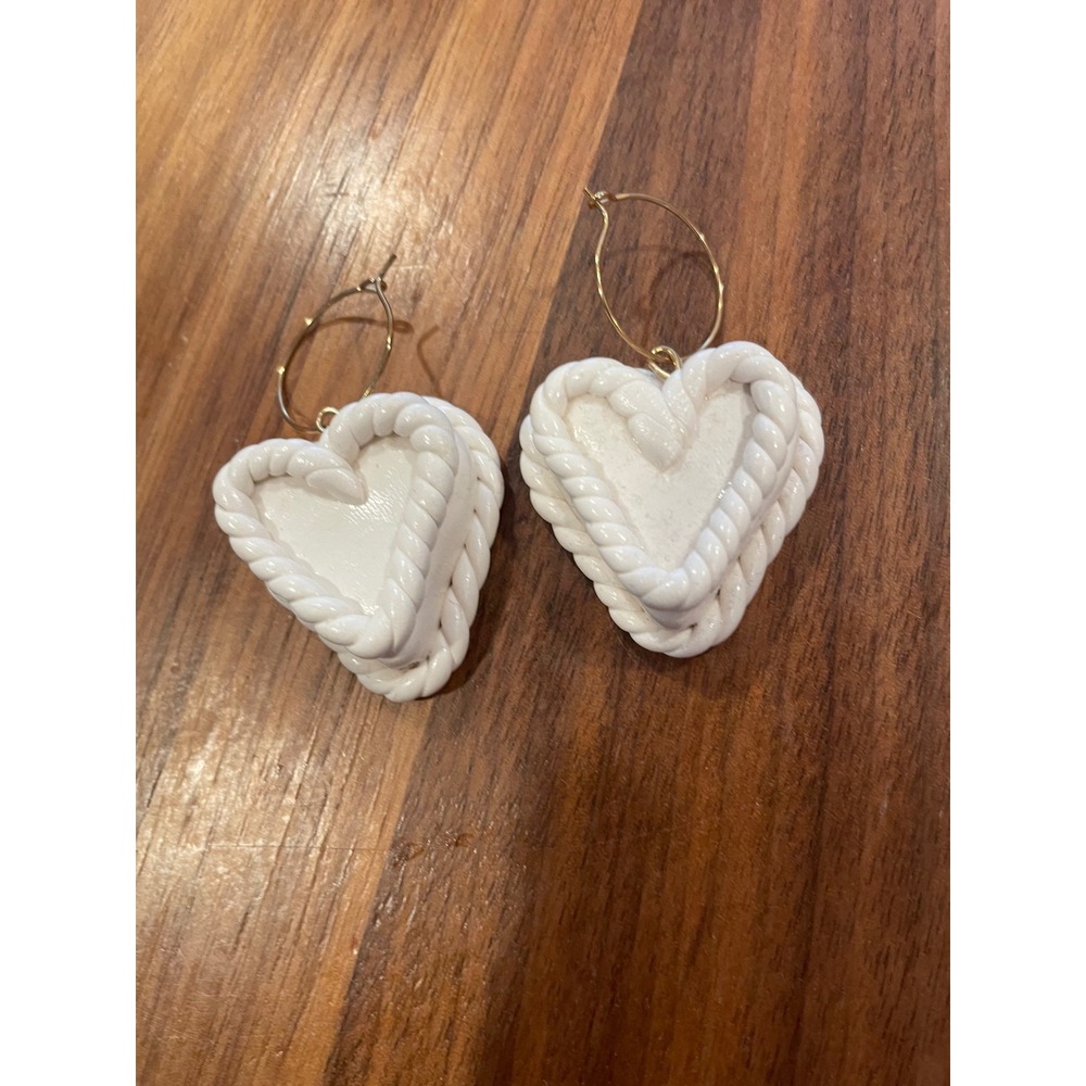 White Heart Hoop Earrings Handmade Polymer‎ Clay Rope Trim Statement